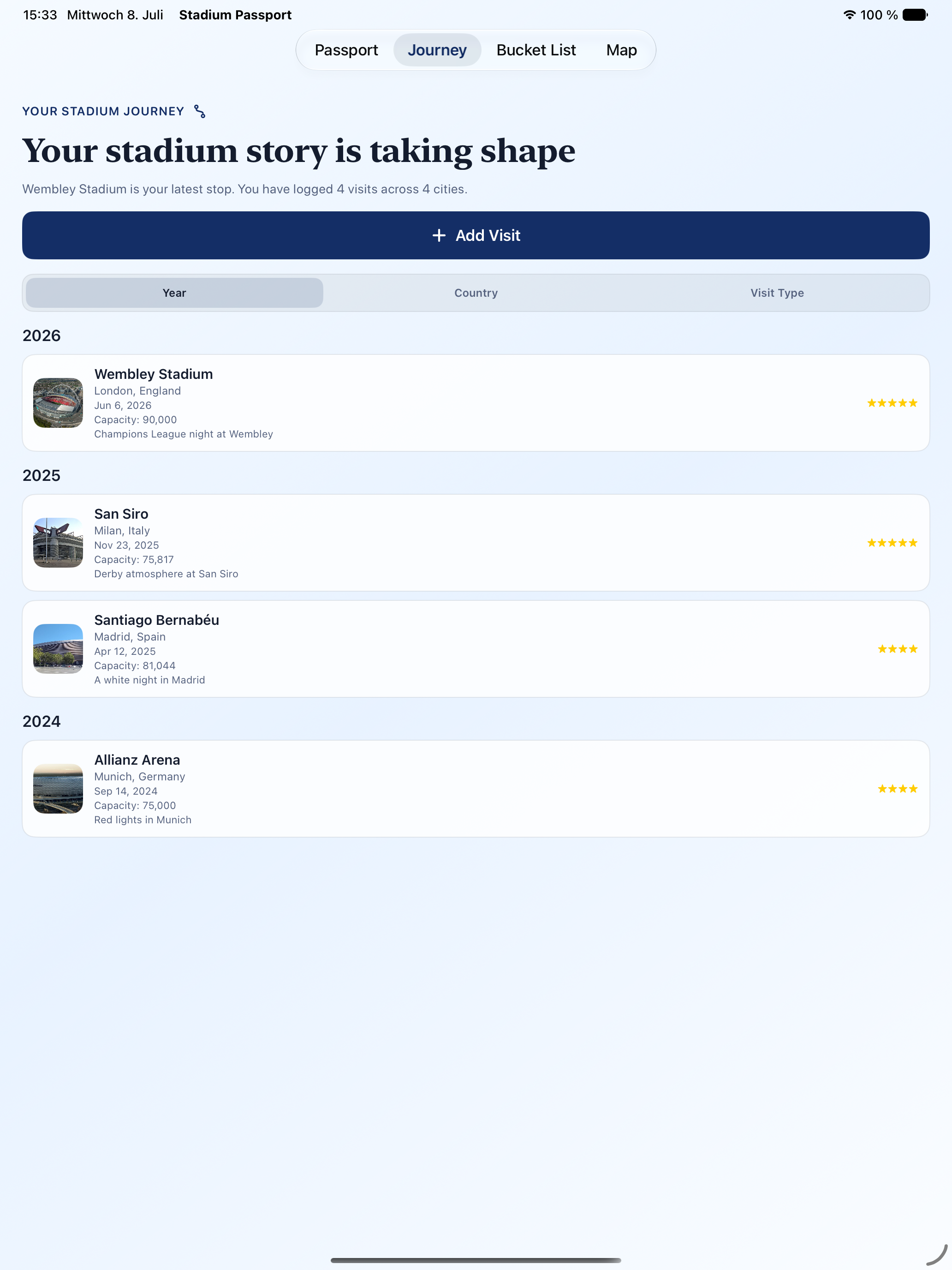 Stadium Passport journey on iPad