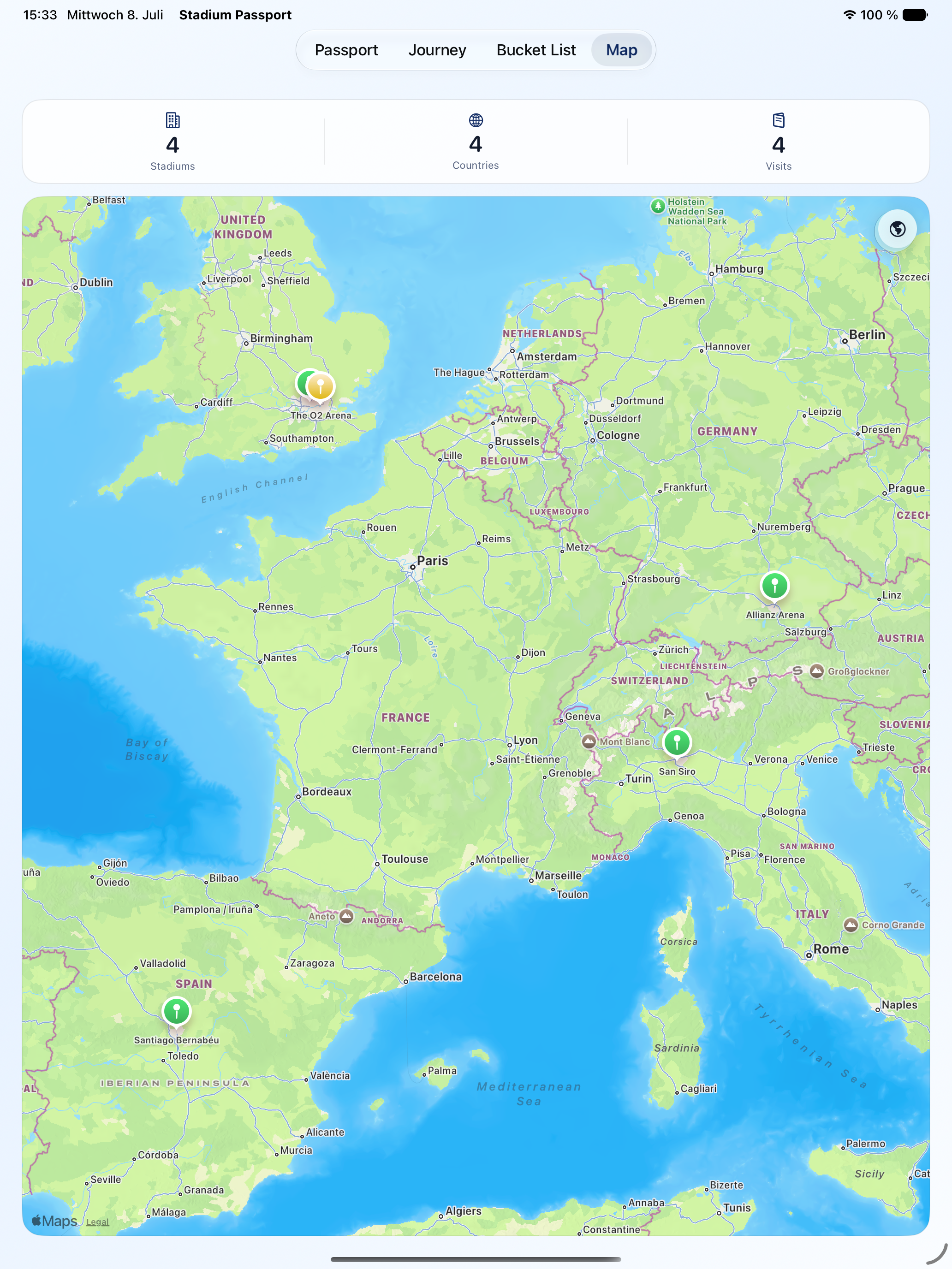 Stadium Passport map on iPad
